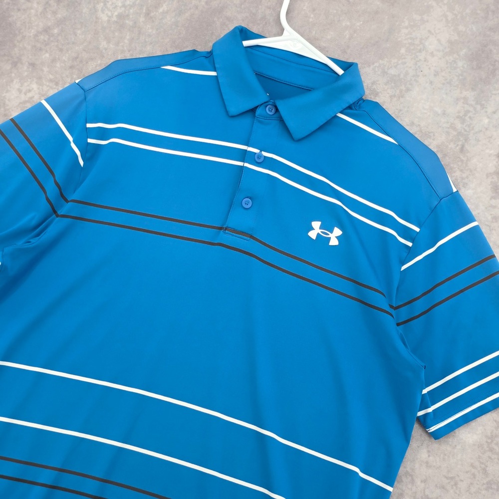 Under Armour Playoff Polo Shirt Mens Medium Blue Striped Loose Fit Short Sleeve